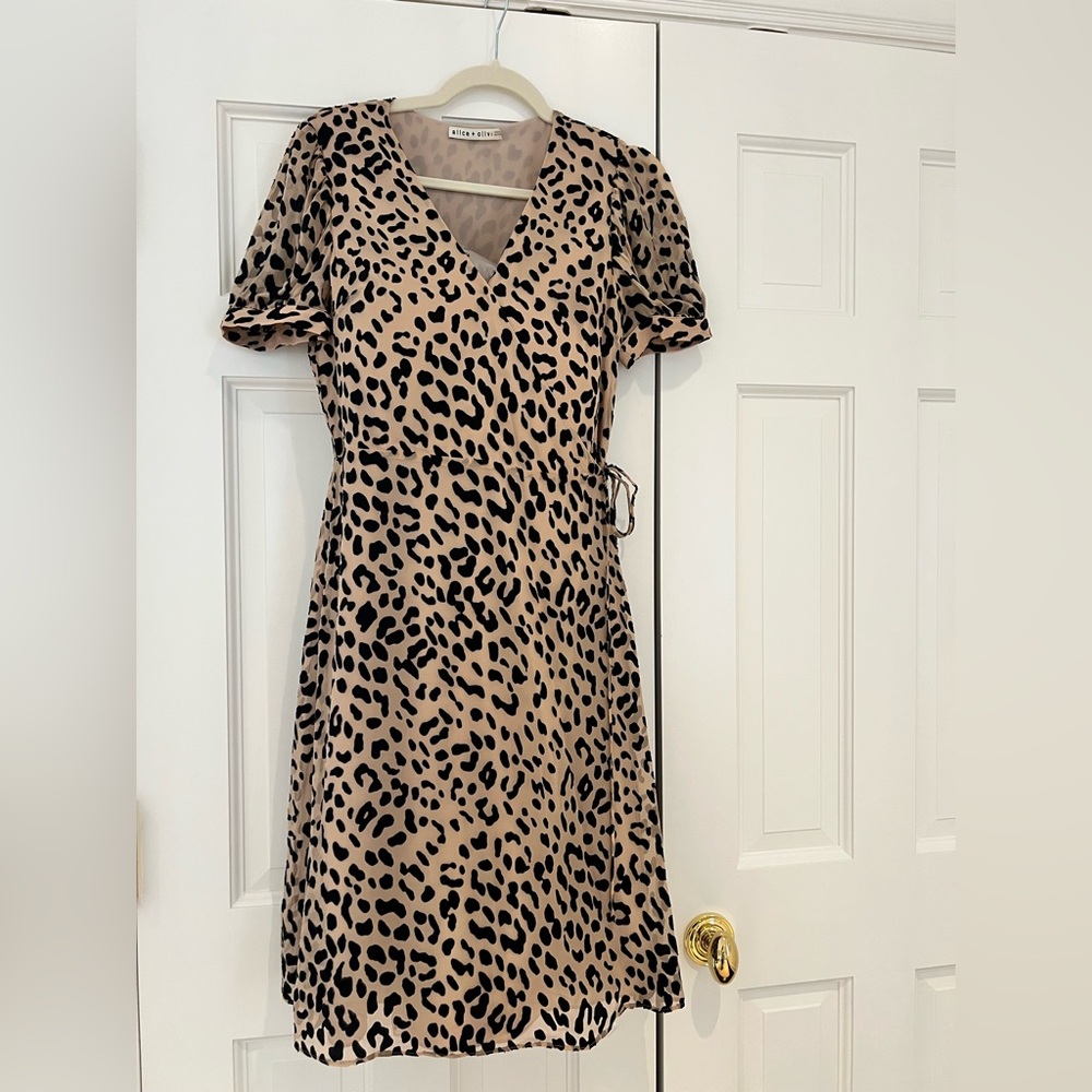 Alice + Olivia Tan and Black Animal Print Midi Wrap Dress